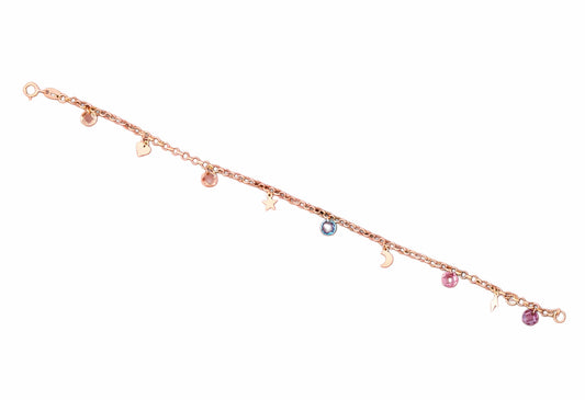 Pulsera de Oro 18K con Colgantes de Rayo, Corazón, Luna, Estrella y Cristales de Colores – Un Toque Mágico y Colorido