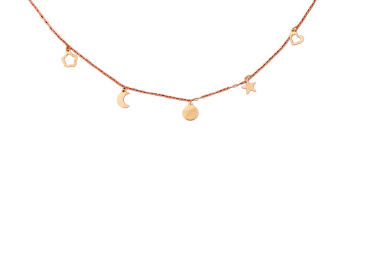 Collar de Oro 18K con Colgantes de Flor, Corazón, Luna, Estrella y Medallita